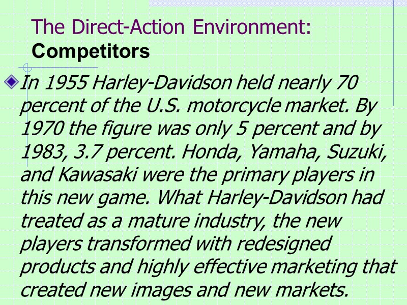 The Direct-Action Environment: Competitors  In 1955 Harley-Davidson held nearly 70 percent of the